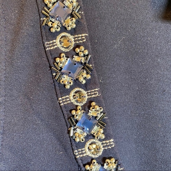 WHBM Sleeveless Ruched Stretchy Navy Blue Blouse Jeweled Embellished Neckline XS - Picture 6 of 8